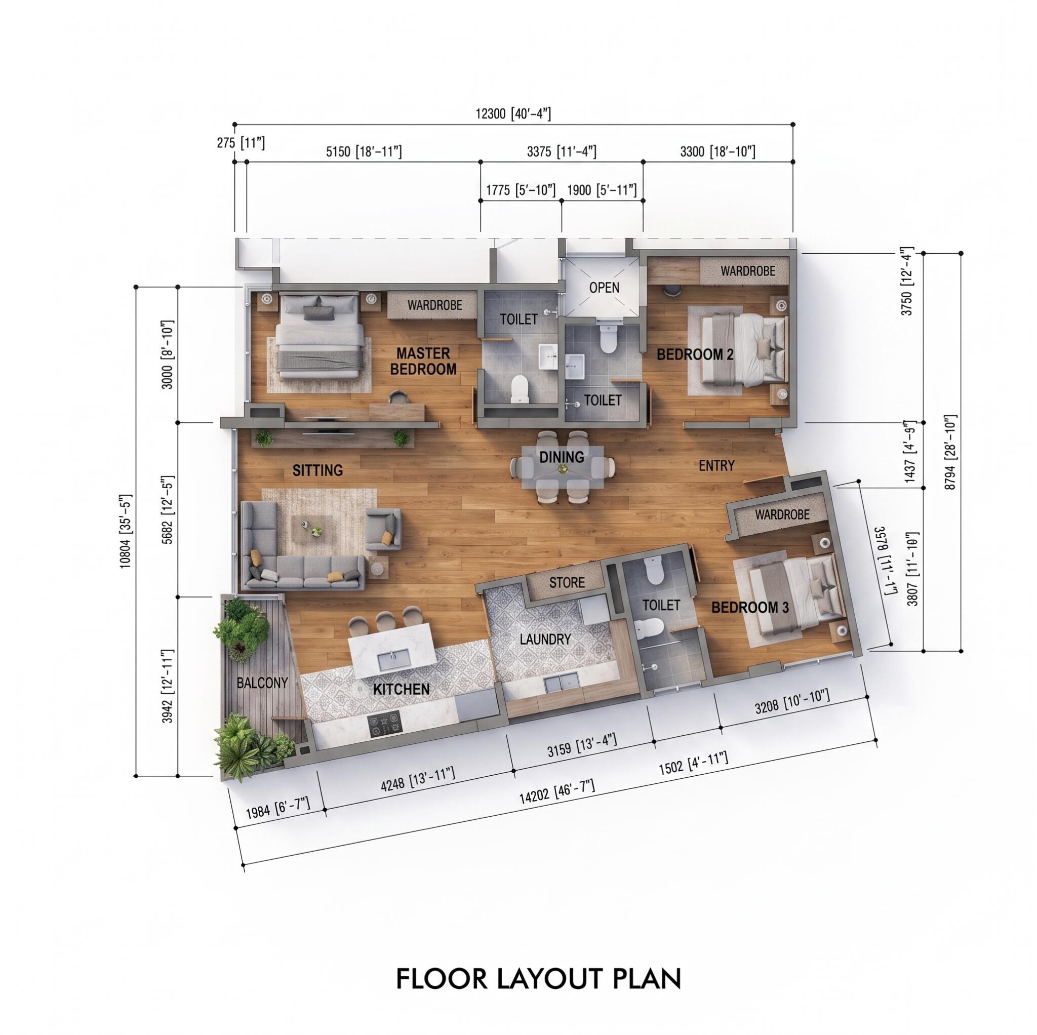 FW Residence 3BR Corner West Corner Unit Floor PLan floor plan — FW Residence 12th Floor Corner Luxury Unit